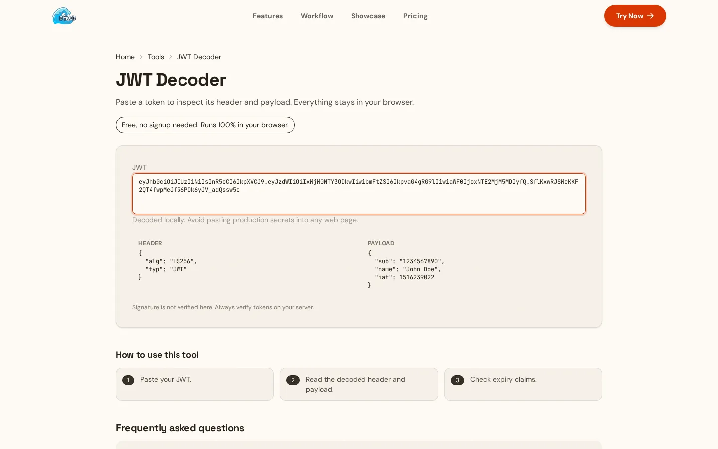Screenshot of the JWT Decoder with a sample token decoded to header and payload