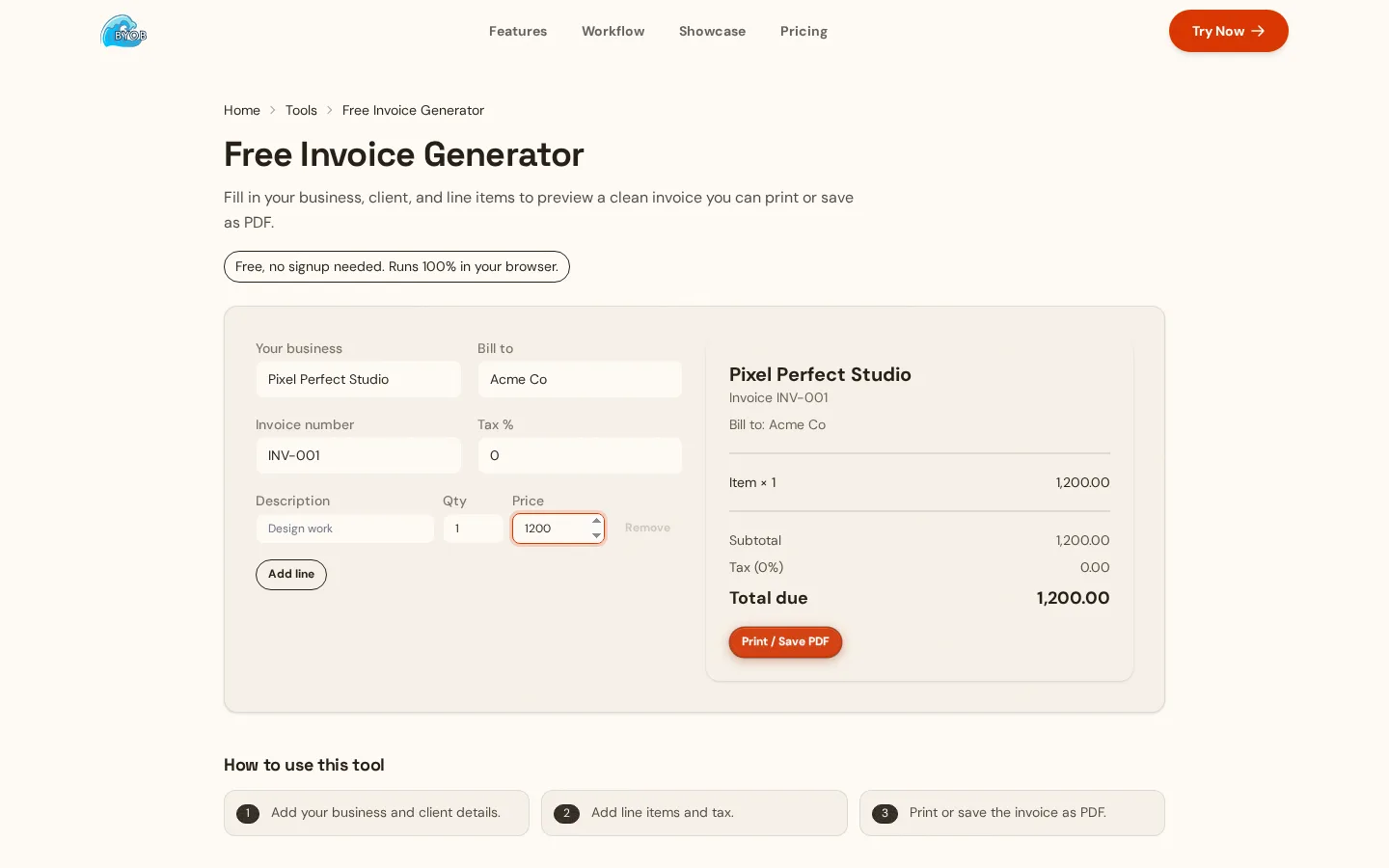 Screenshot of the Invoice Generator with a sample invoice totaling 1,200.00