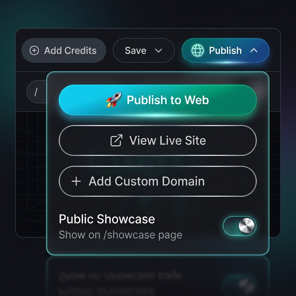 Publish panel with live URL, custom domain button, and public listing toggle