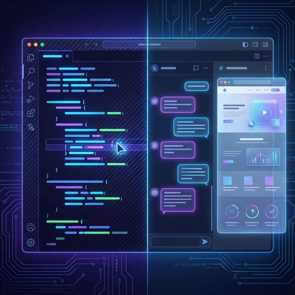 Comparative screenshot: Cursor's code-heavy editor vs BYOB's visual preview interface