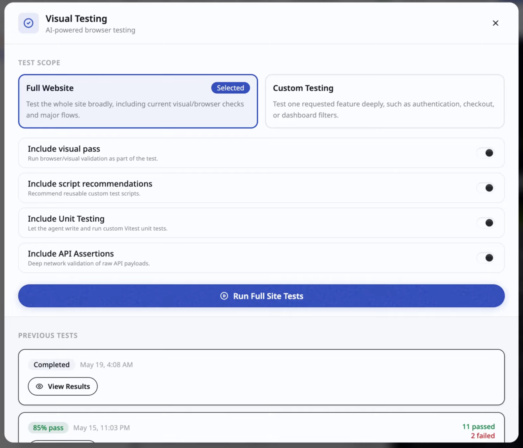 Test modal scope selection with full-site and feature-based cards