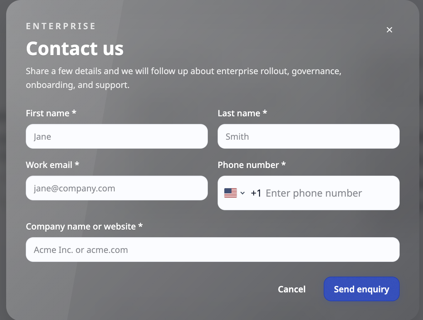 Enterprise contact modal with onboarding data capture fields