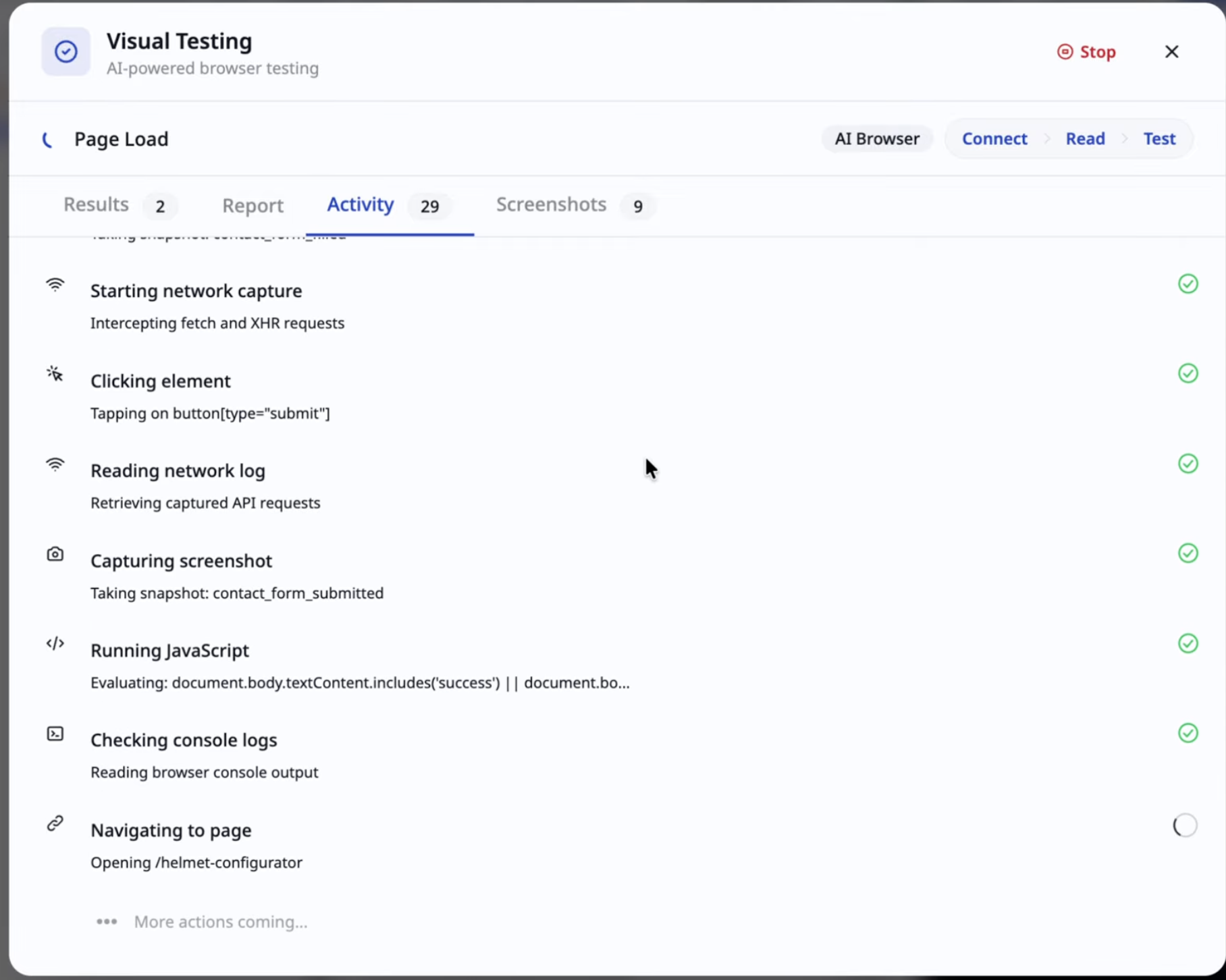 Test modal showing connecting, testing, and done phases