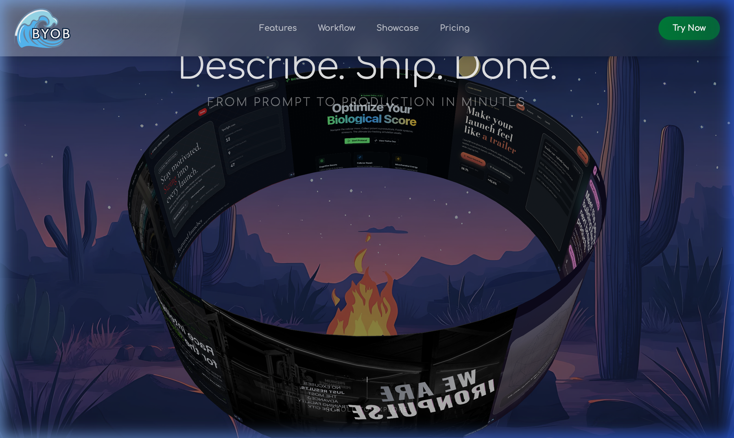 3D hero frame showing layered cylinder cards in motion