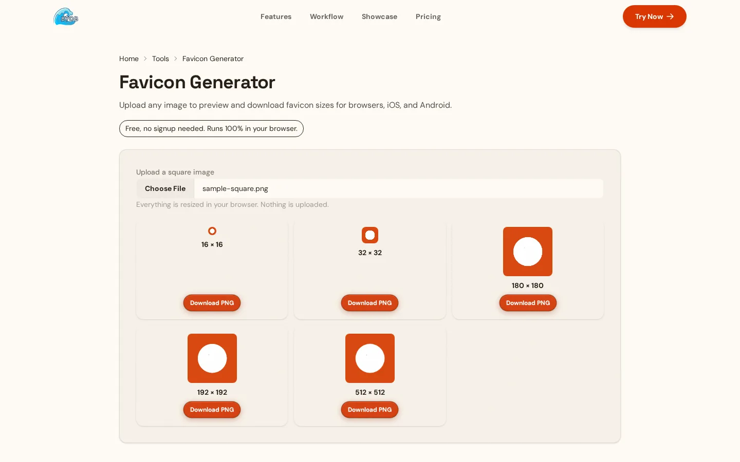 Screenshot of the Favicon Generator with sizes rendered from an uploaded image