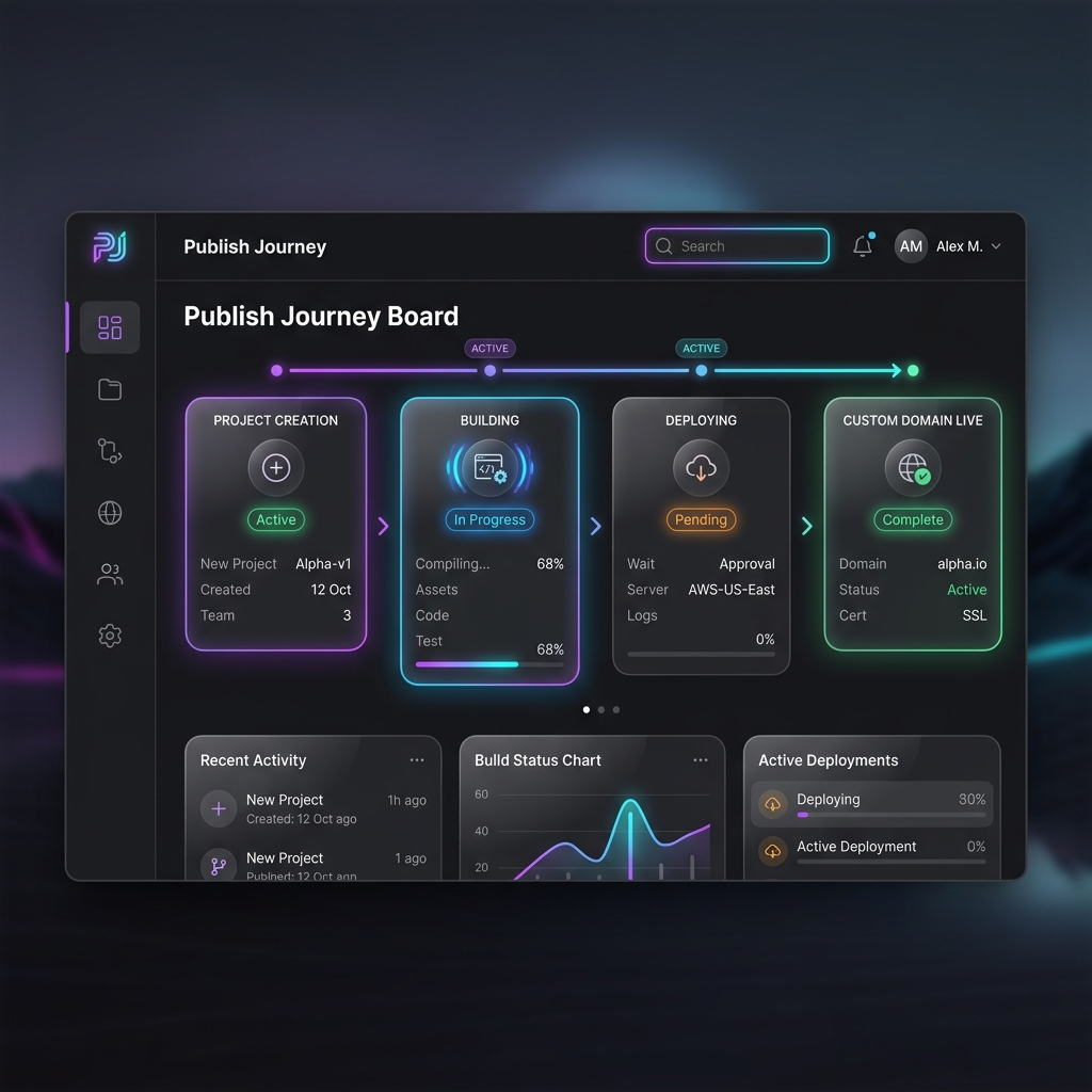 Full publish journey board from project creation to custom domain live state