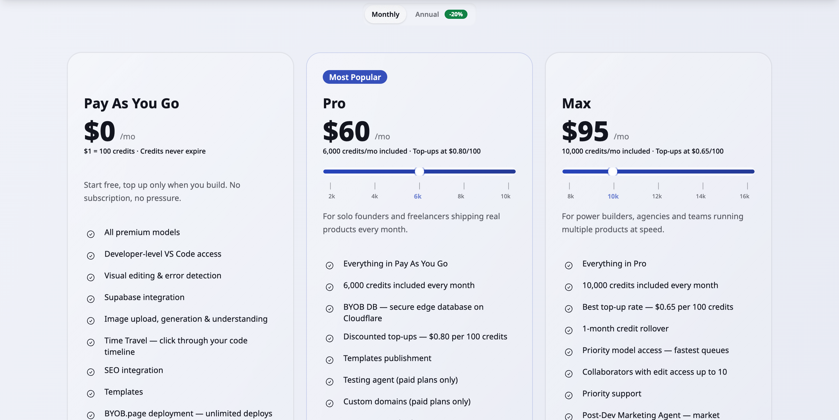Pricing page sliders with selected Pro and Max tiers highlighted