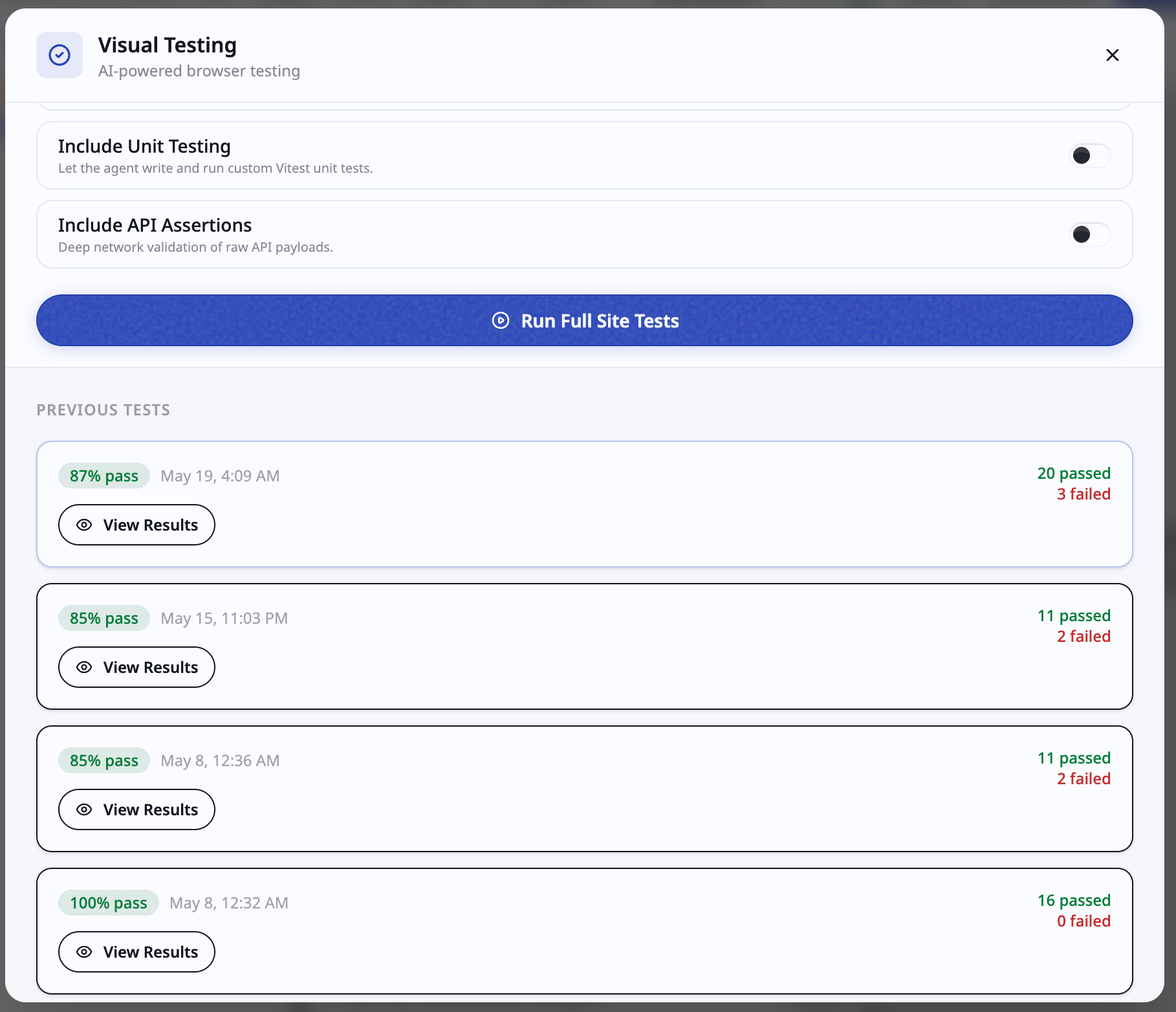 Historical test run list with timestamps and status badges