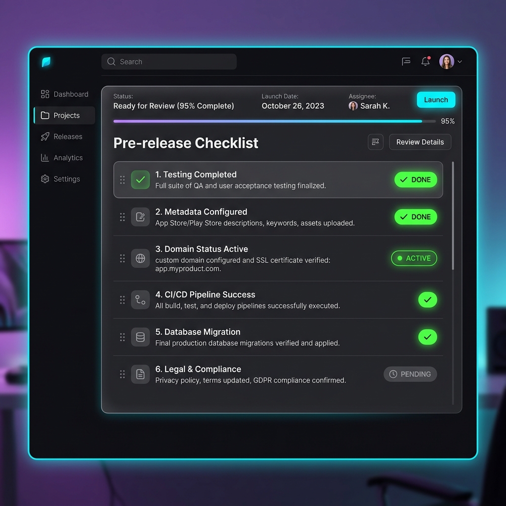 Pre-release checklist with testing, metadata, and domain status indicators