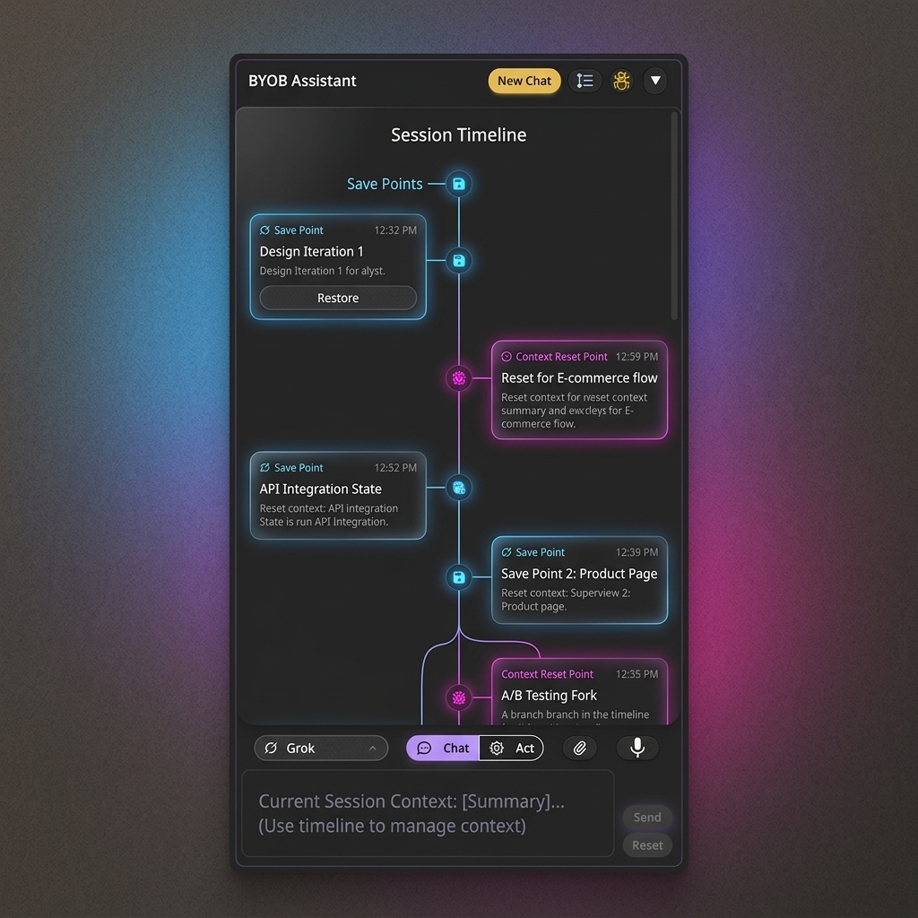 Session timeline with save points and context reset points