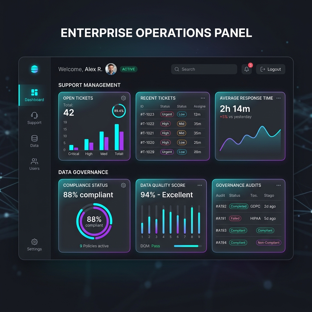 Enterprise operations panel mock with support and governance widgets